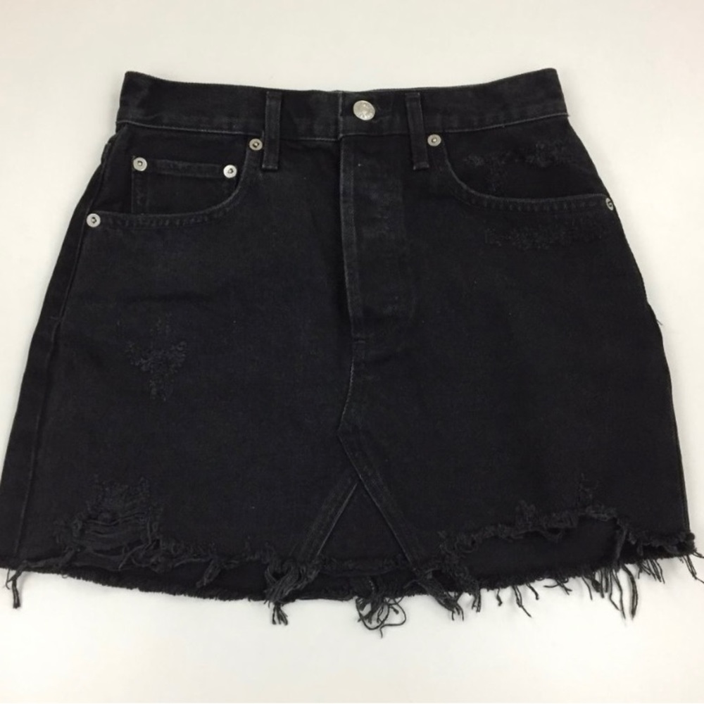 Agolde Black Distressed Raw Edge Hem Button Fly Denim Skirt